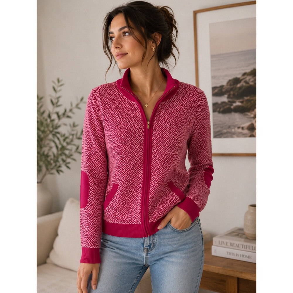 Tuckernuck 100% Merino Wool Pink Geometric Full Zip Sweater Cardigan Mock Neck M